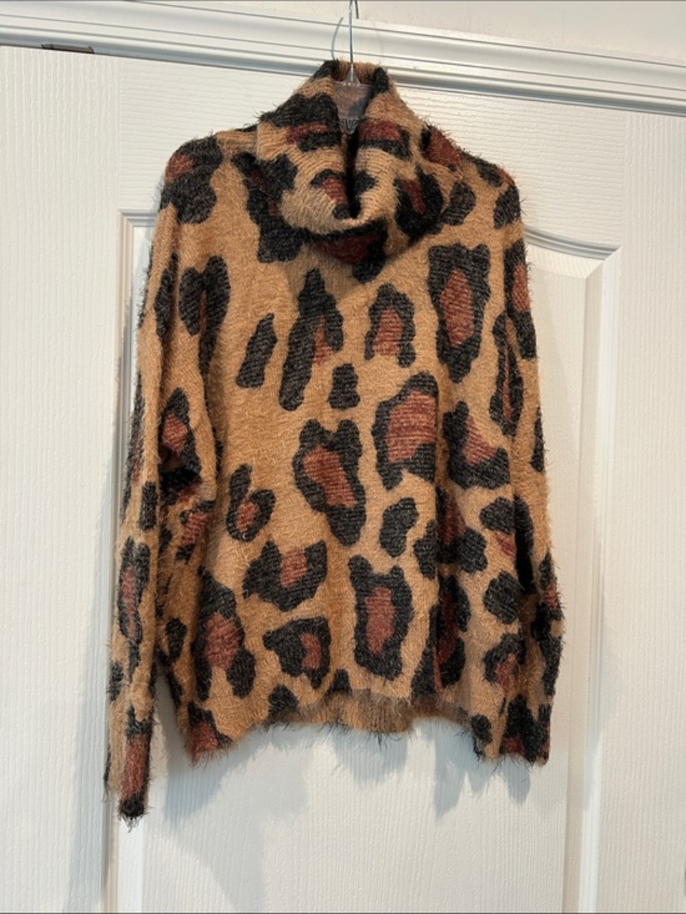 Show Me Your MuMu Fuzzy Leopard Cowl Neck Sweater in Camel, Black, Rust